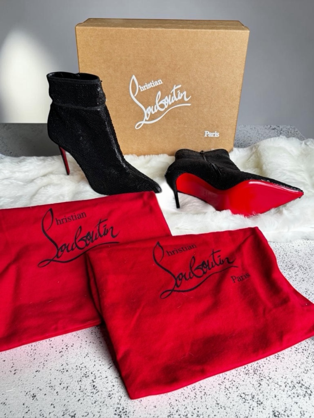 NWT Christian Louboutin Moulakate 100 Glitter Ankle Boots EU 37.5 US 7 Red Sole - Picture 2 of 10